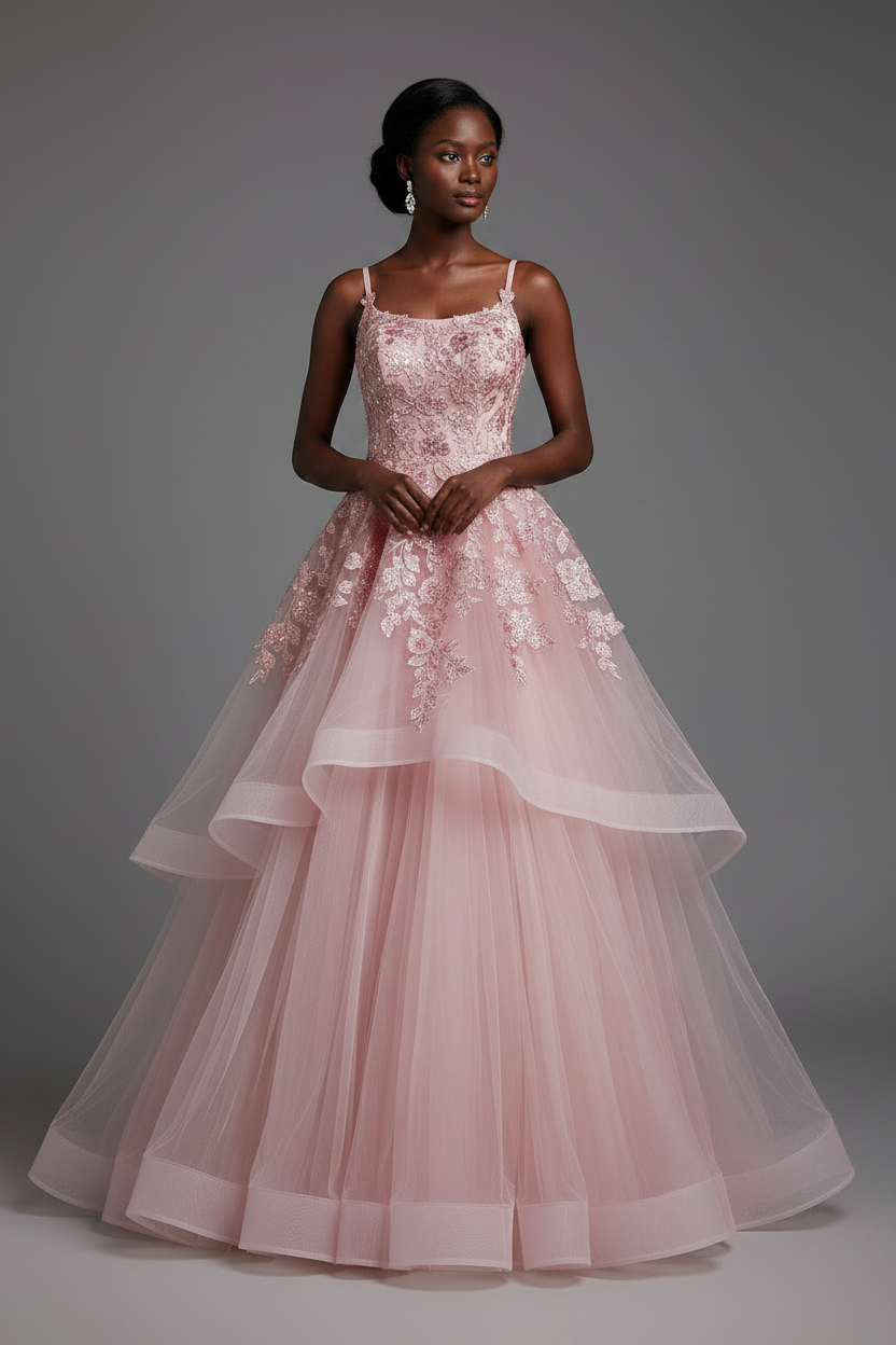 Black model in Rose Pink Ball Gown