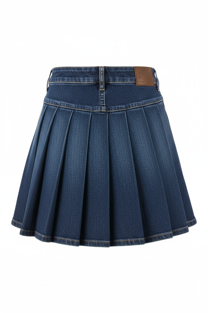 Dark Blue Denim Pleated Mini Skirt