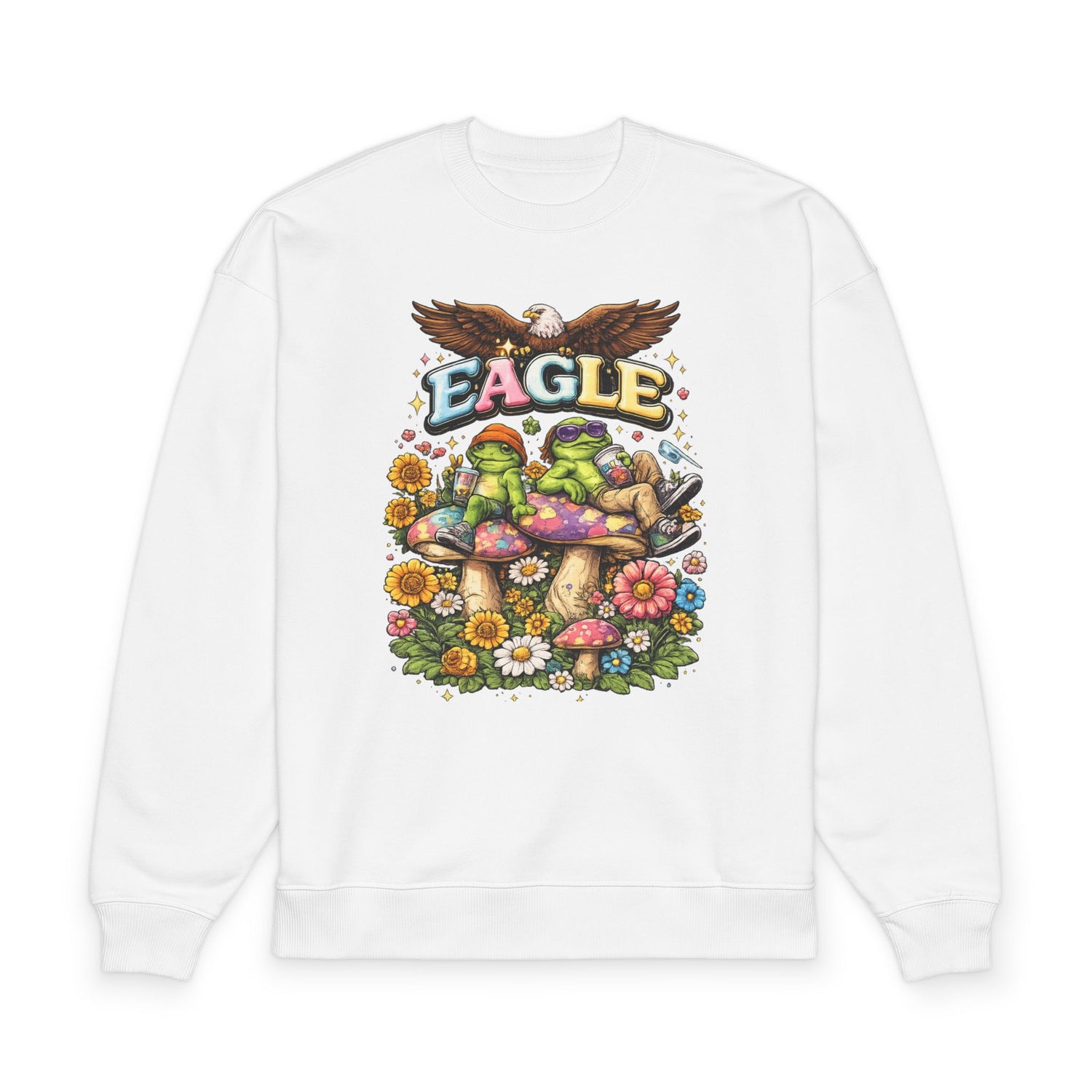 Eagle Frog Mushroom Sweatshirt — Retro Floral Nature Graphic