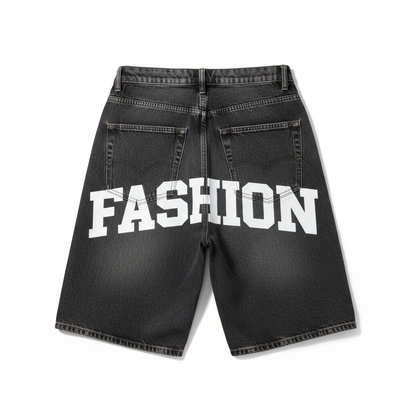 Baggy denim jorts with FASHION on back
