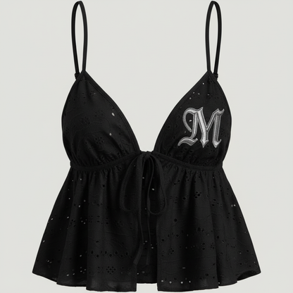 Black ruffled top with M on side