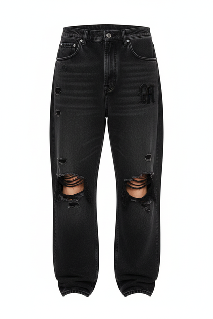 Black wash baggy ripped jeans