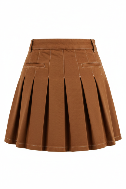 Brown Denim Pleated Mini Skirt