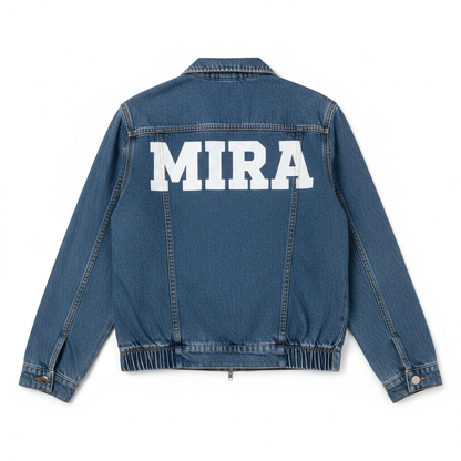 Denim zip-up jacket back with MIRA