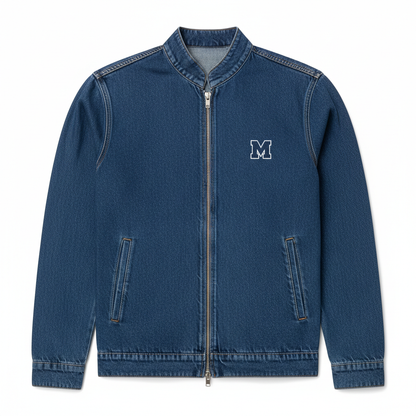 Denim zip-up jacket front with M logo