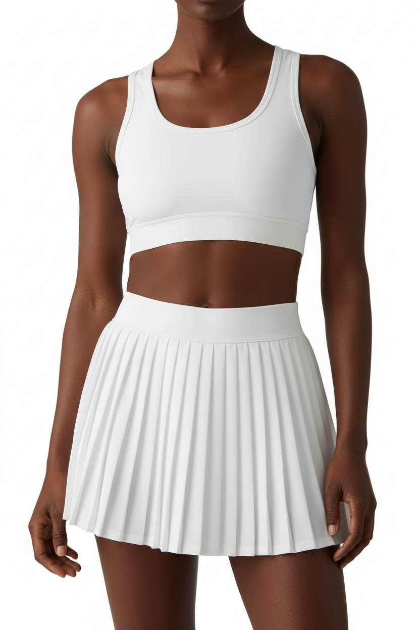 MIRA White Tennis Set – Racerback Crop Top and Pleated Skirt