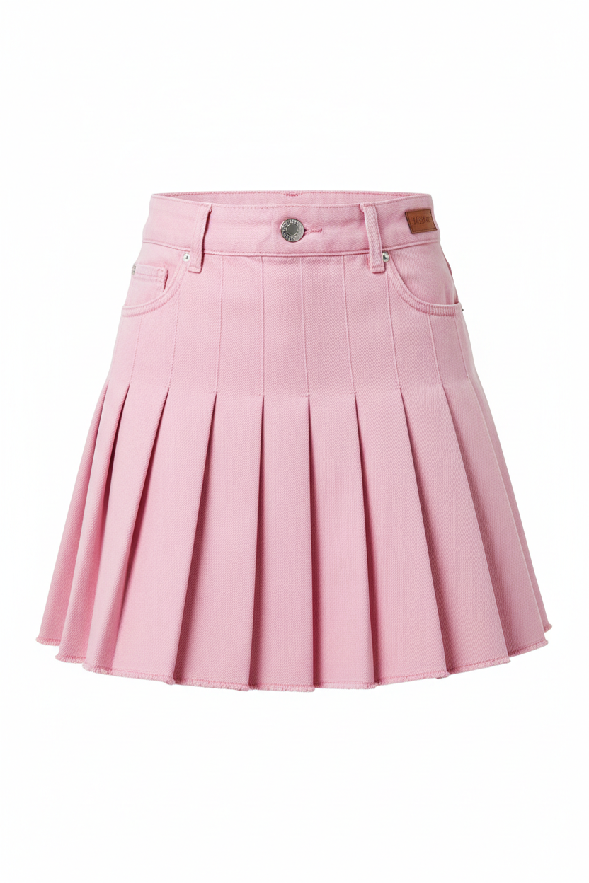 Pink Denim Pleated Mini Skirt