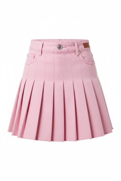 Pink Denim Pleated Mini Skirt