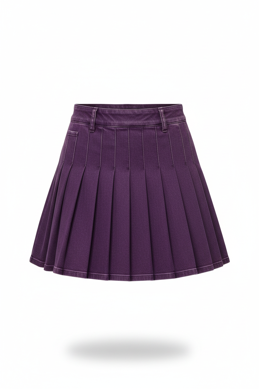 Purple Denim Pleated Mini Skirt