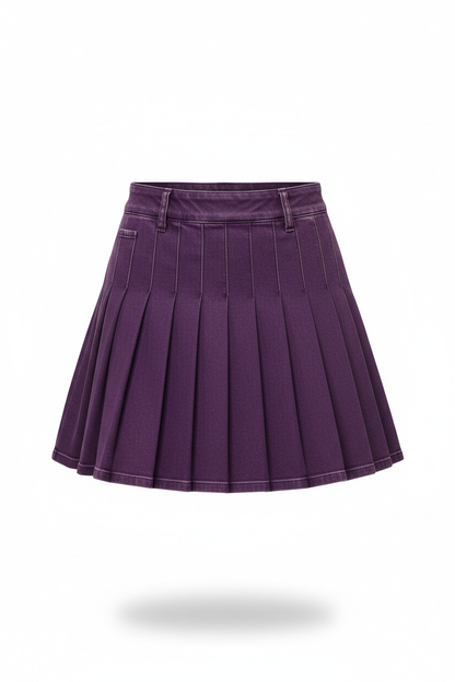Purple Denim Pleated Mini Skirt