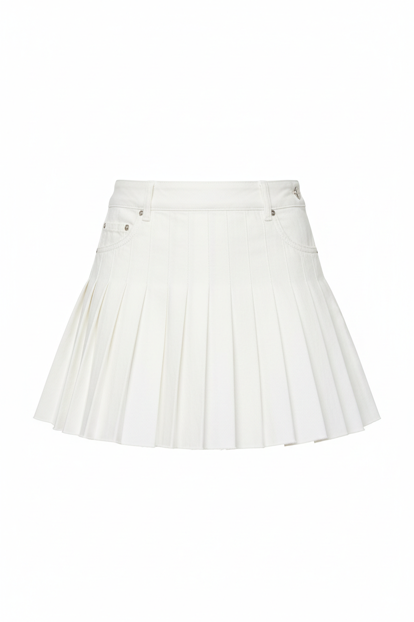 White Denim Pleated Mini Skirt