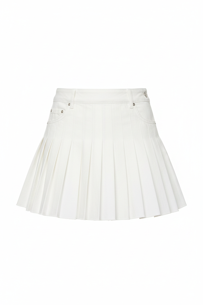 White Denim Pleated Mini Skirt